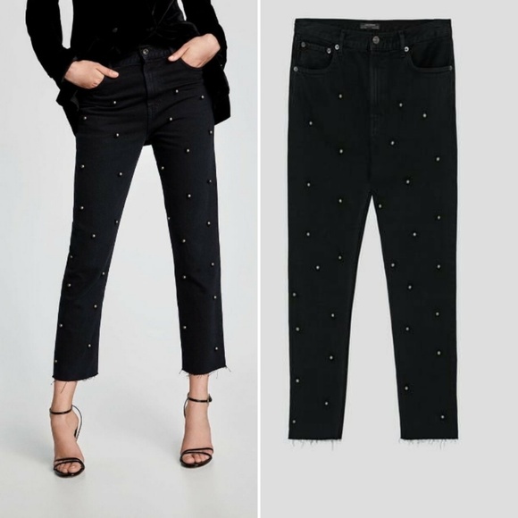 Zara Denim - Zara Black Pearl Mesh Applique High Rise Jeans